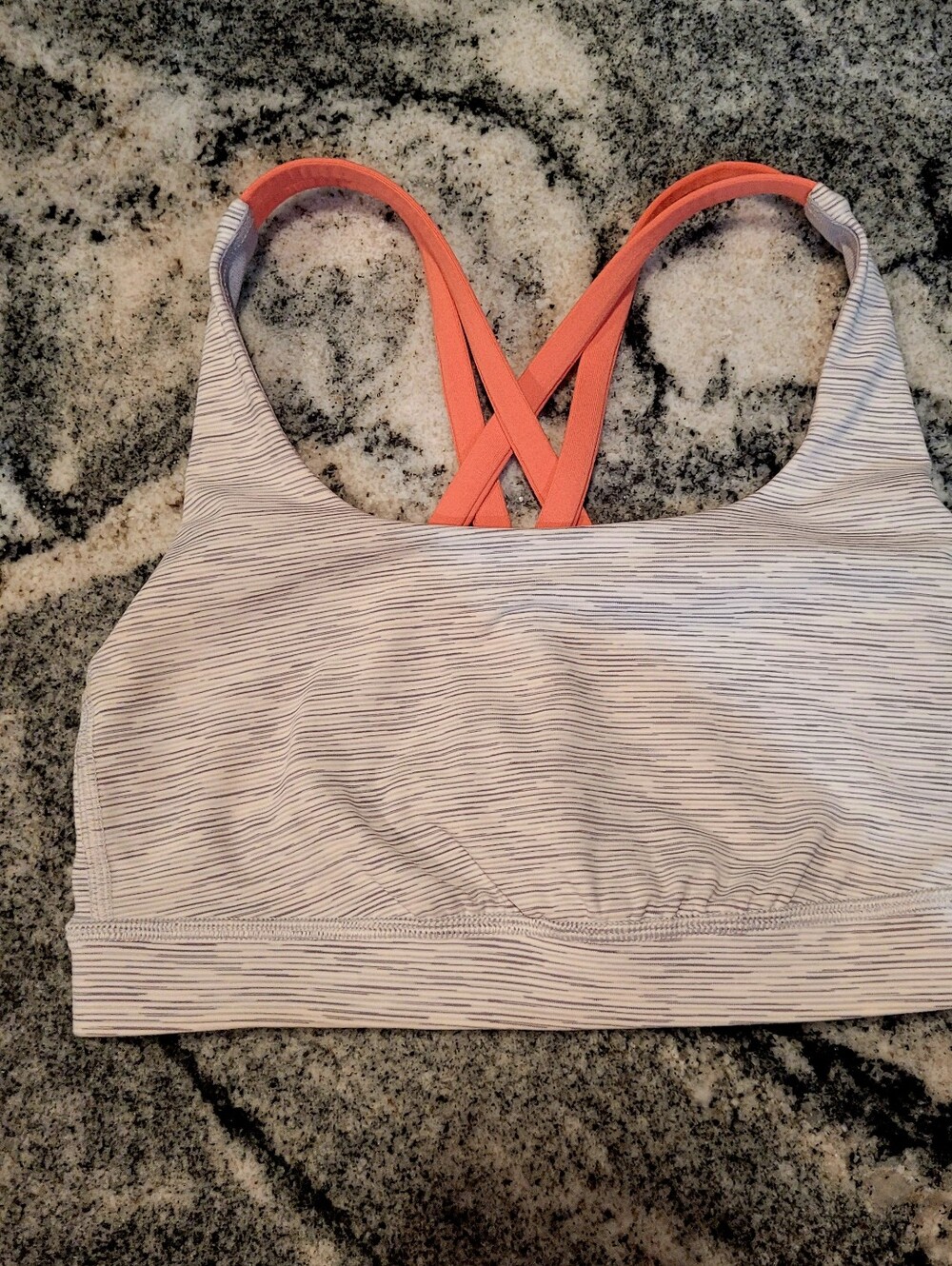 Lululemon strappy sports bra size 2 gray stripe orange crossback yoga workout